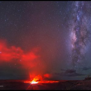 Volcano`s Glow Bathes Milky Way