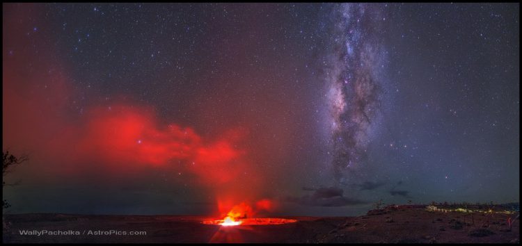Volcano`s Glow Bathes Milky Way