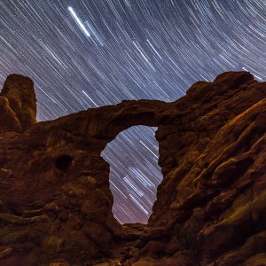 Orion Star Trails Through Turret Arch
