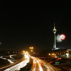 Moon, Milad Tower, and Fireworks