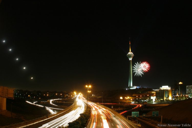 Moon, Milad Tower, and Fireworks