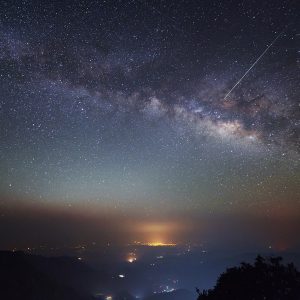 Milky Way and Meteor Over Mount Jizu