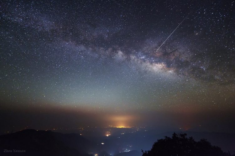 Milky Way and Meteor Over Mount Jizu