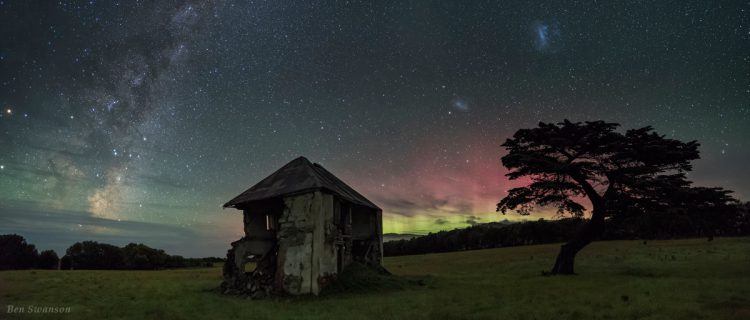 House, Tree and Milky Way Under Aurora