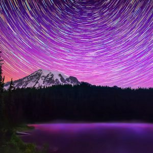 Star Trails over Mount Rainier (photo composite)