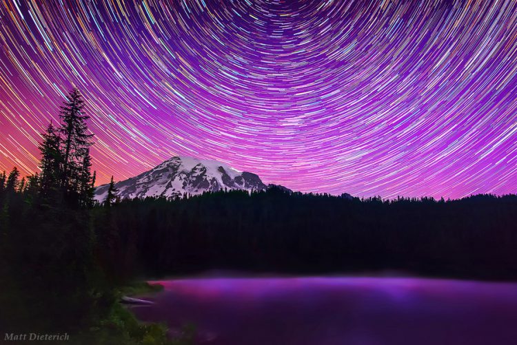 Star Trails over Mount Rainier (photo composite)