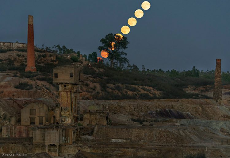 Full Moon Rising Behind Ruins of Old Copper Mine