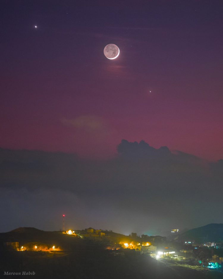 Venus, Earthshine, Jupiter and Moon
