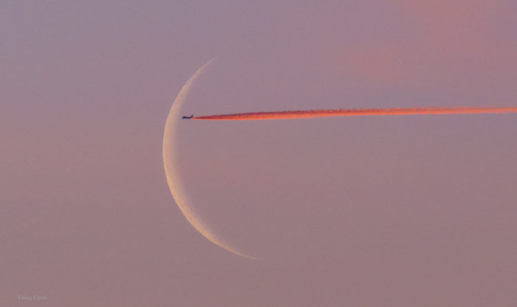 Crescent Moon, Cotton Candy Sky and Fiery Contrail