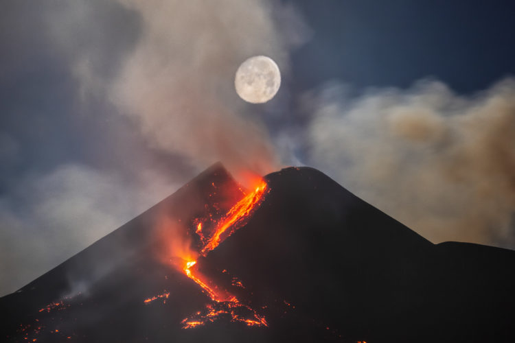 Moon Over Mount Etna South East Crater