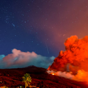 Orion, Meteor, and Erupting Volcano