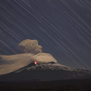 Star Trail During Etna Paroxysm