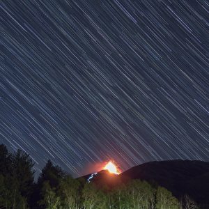 Star Trail Over Etna Eruption