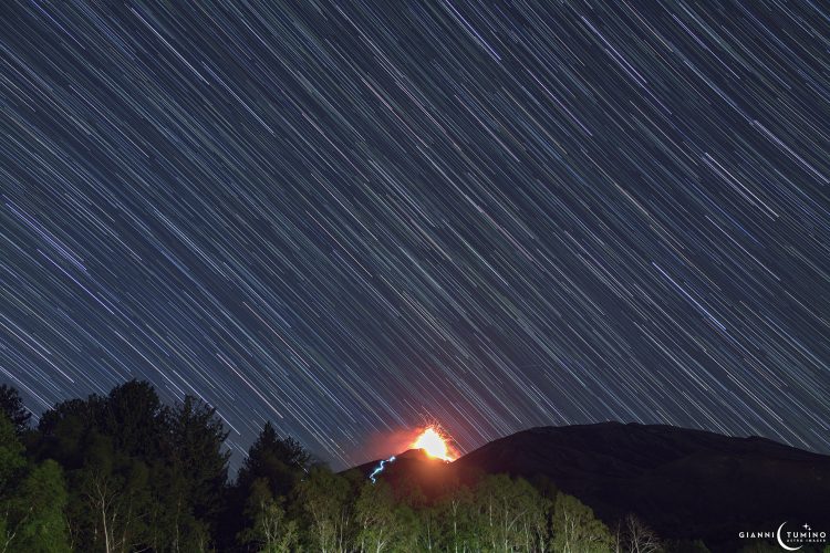 Star Trail Over Etna Eruption