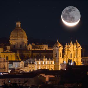 Earthshine Moon Above the Cathedral of Noto