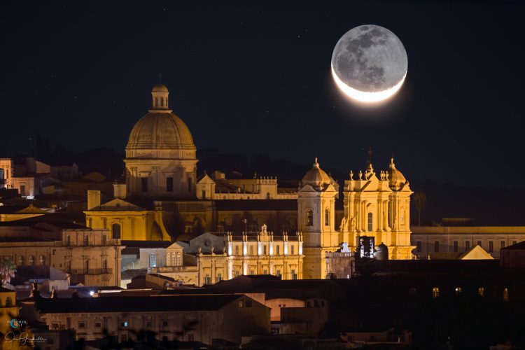 Earthshine Moon Above the Cathedral of Noto