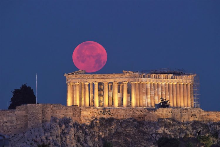 Strawberry Moon Over the Acropolis