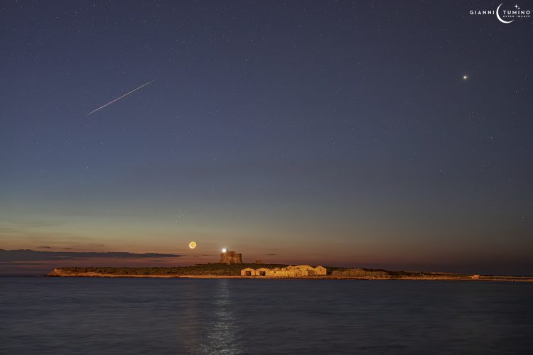 A Meteor with Jupiter, Moon, and Pleiades