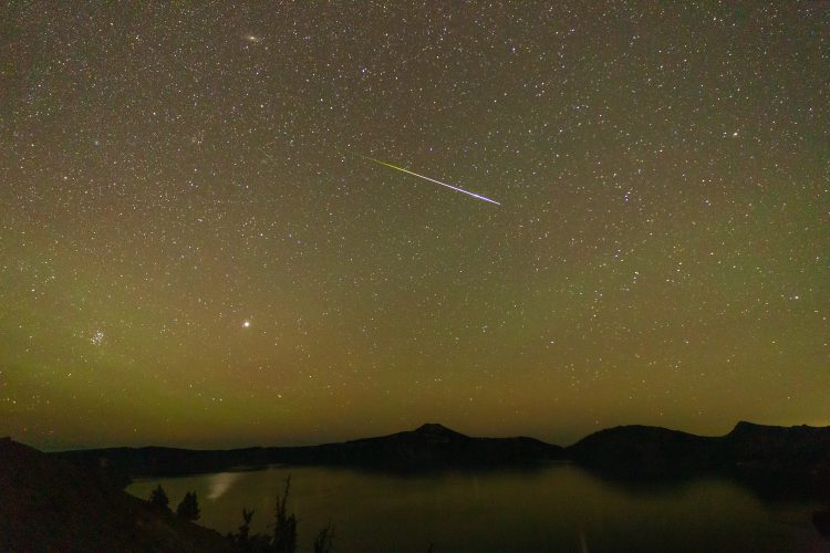 Bright Perseid Meteor Above Crater Lake