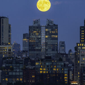 Full Harvest Moon Over Manhattan Skyline