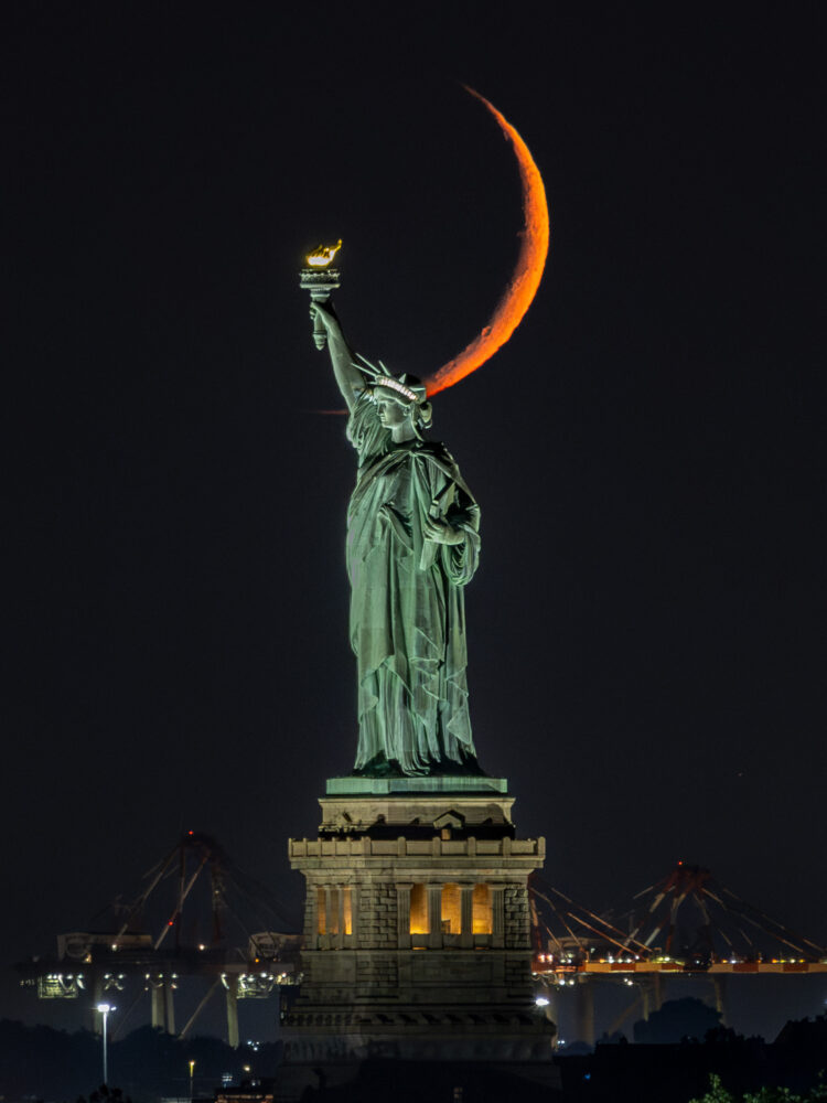 Crescent Moon Behind the Statue of Liberty