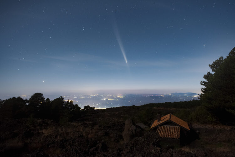 Comet and Venus Observed by Mount Etna