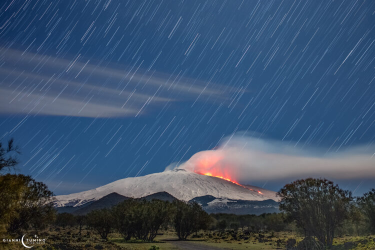 Star Trails Above the Etna Volcano