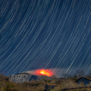Star Trails on Etna Eruption