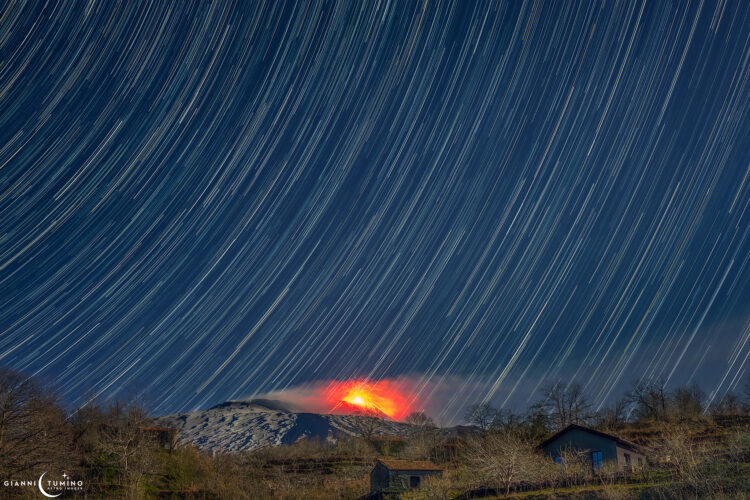 Star Trails on Etna Eruption