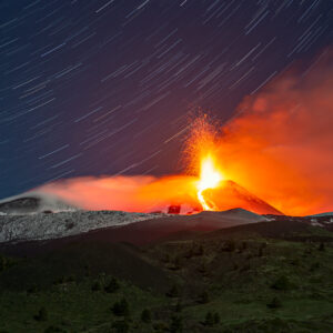 Star Trail and Mount Etna Eruption