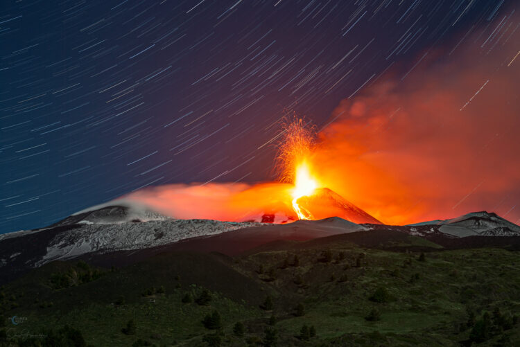 Star Trail and Mount Etna Eruption